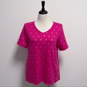 Chicos Summer Berry Pink Metallic Gold Boat Print V Neck Slub Short Sleeve Top 1